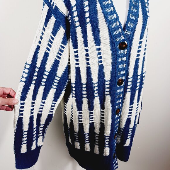Lafayette 148 New York Cotton & Silk Cardigan, Blue & White Geometric, Size MED - Picture 7 of 14